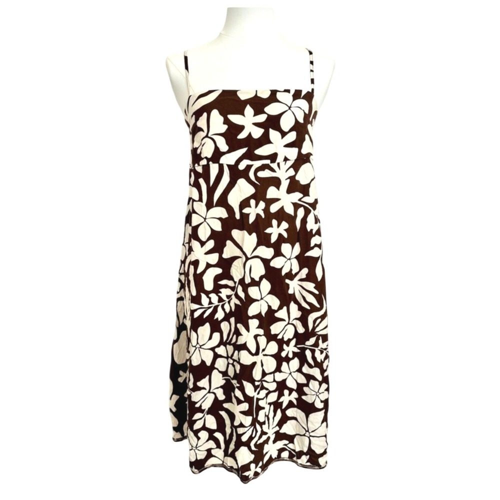 Anthropologie Heart Brown Cream Tropical Floral Smocked Midi Dress Medium Square